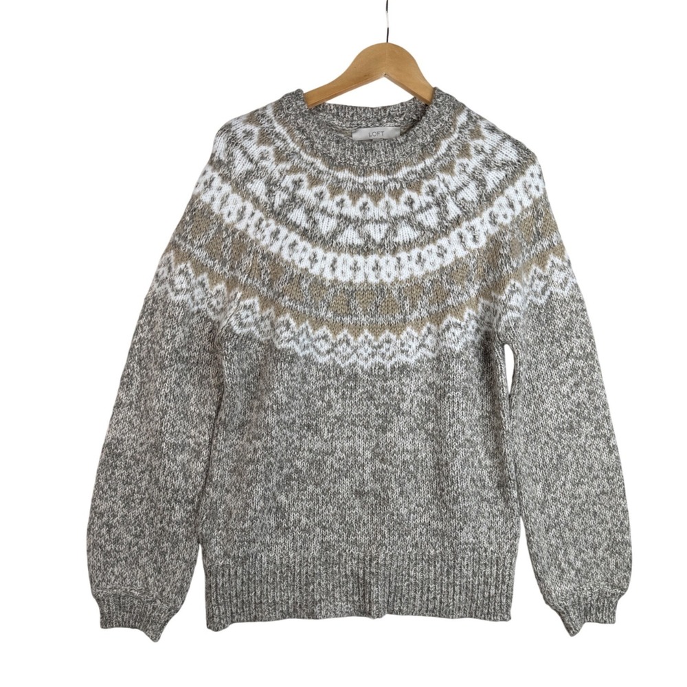 Loft Marled Fair Isle Sweater size‎ Large Gray/White Knit Pattern